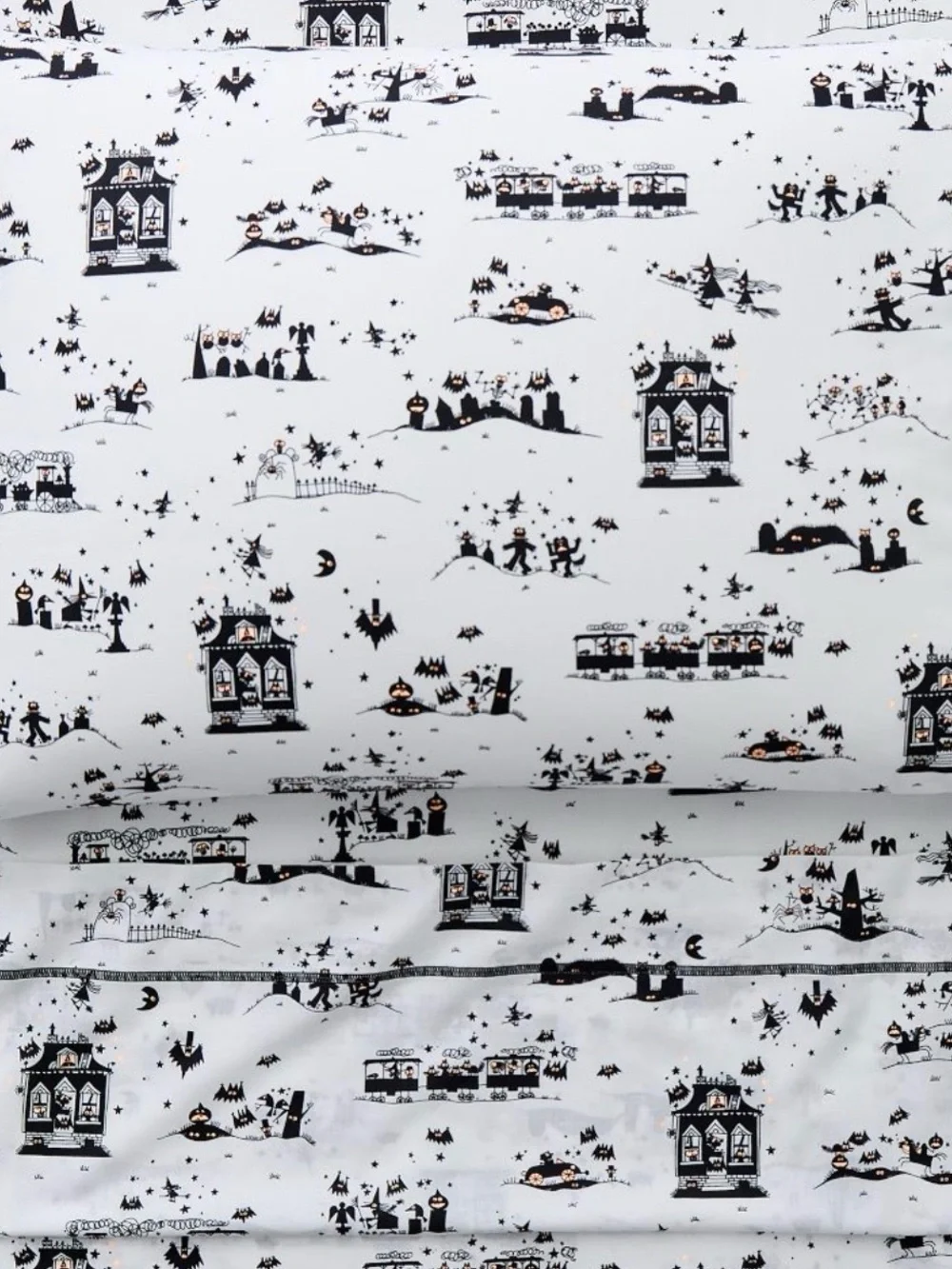 Halloween Village Black and White Cotton Full Sheet Set